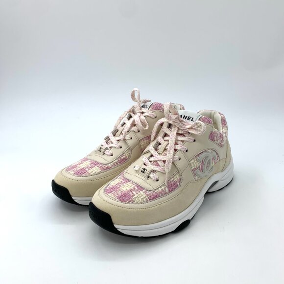 Chanel Two-Tone Logo Tweed Lace-Up Sneakers - Picture 1 of 8